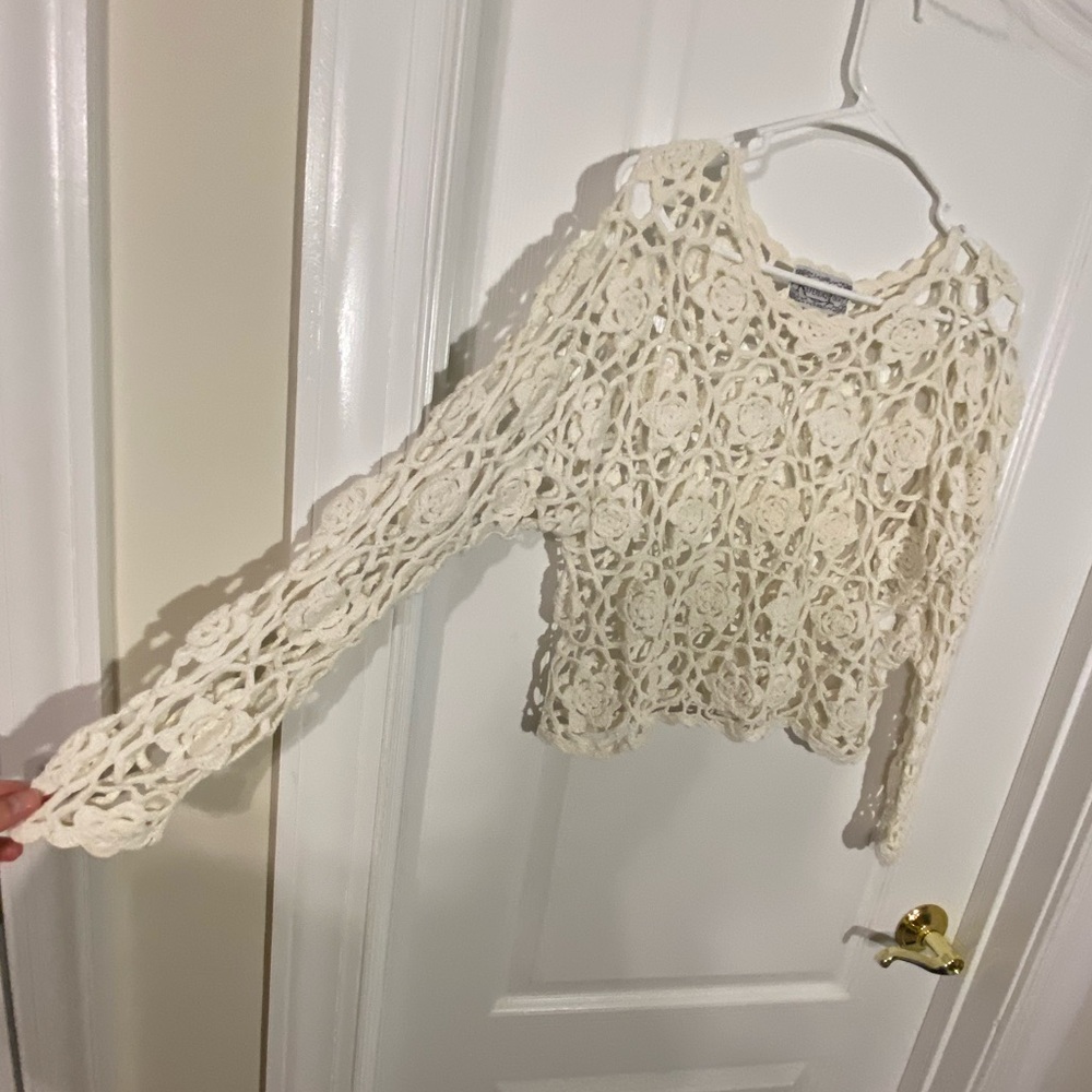90s Crochet Floral Open Knit Cropped Sweater Vintage Cream Large - Picture 3 of 7